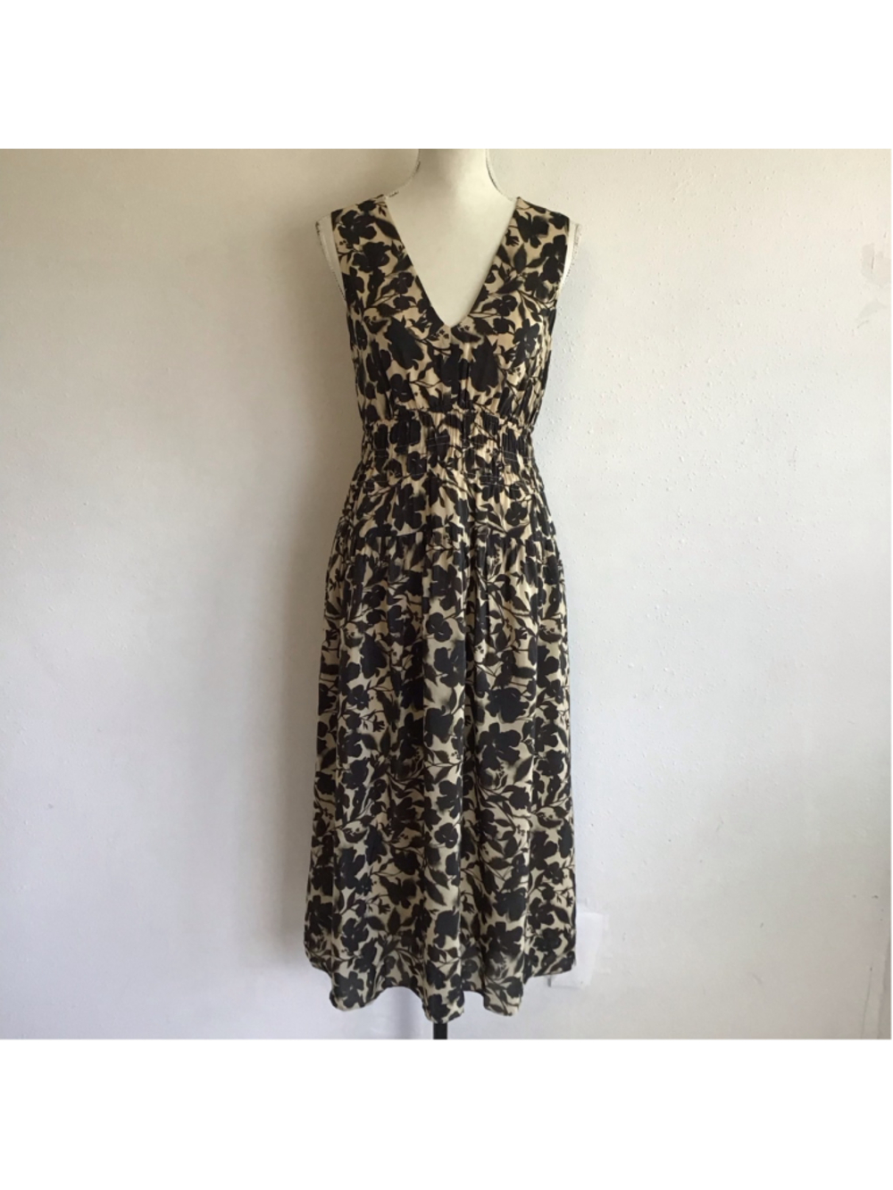 NWT- J. Crew Women's Elegant Midi Dress Size S Beige Black Floral Sleeveless